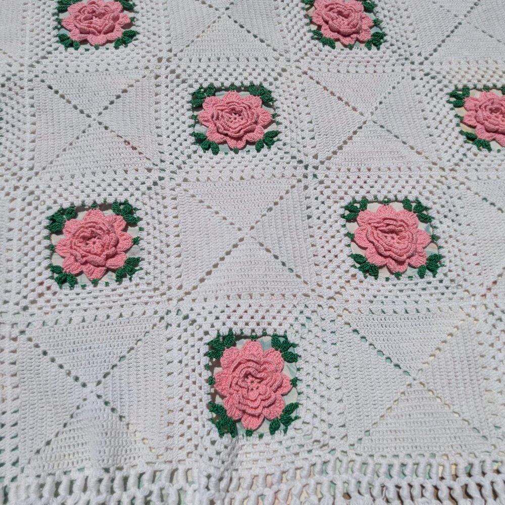 Vintage Hand Crocheted Cotton Bedspread-1954 Rose Bower Pattern-White Pink Green